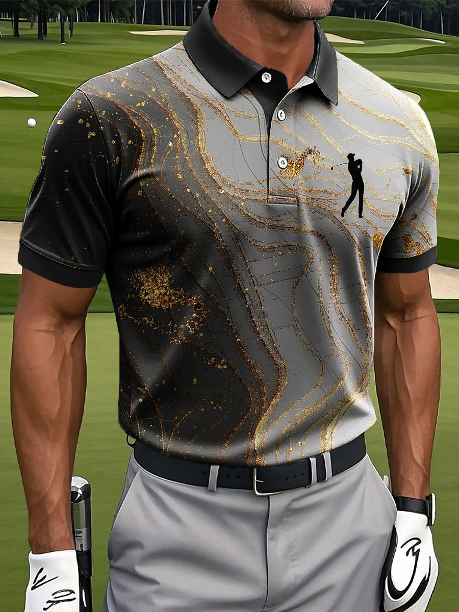 Men's Vintage Gradient Gold Textured Art Print Casual Business Polo Shirt