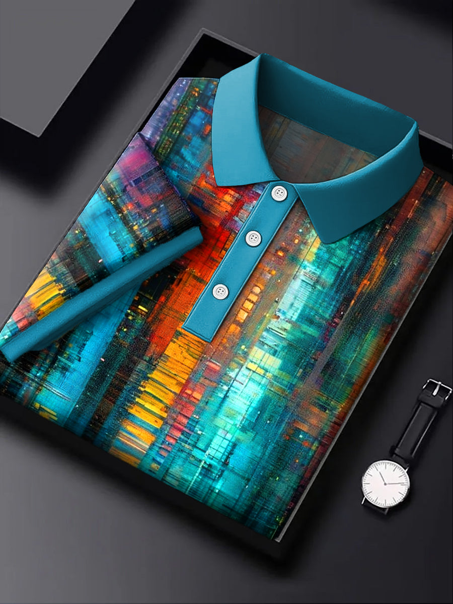 Men's Retro Abstract Colorful Line Art Printing Casual Business Polo Shirt