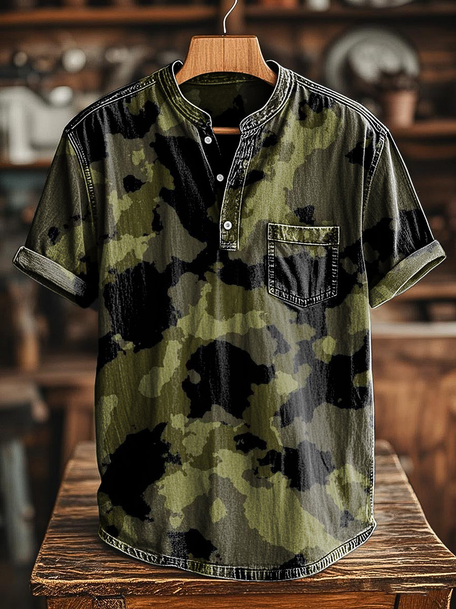 Abstract Art Line Camouflage Print Casual Henley T-Shirt