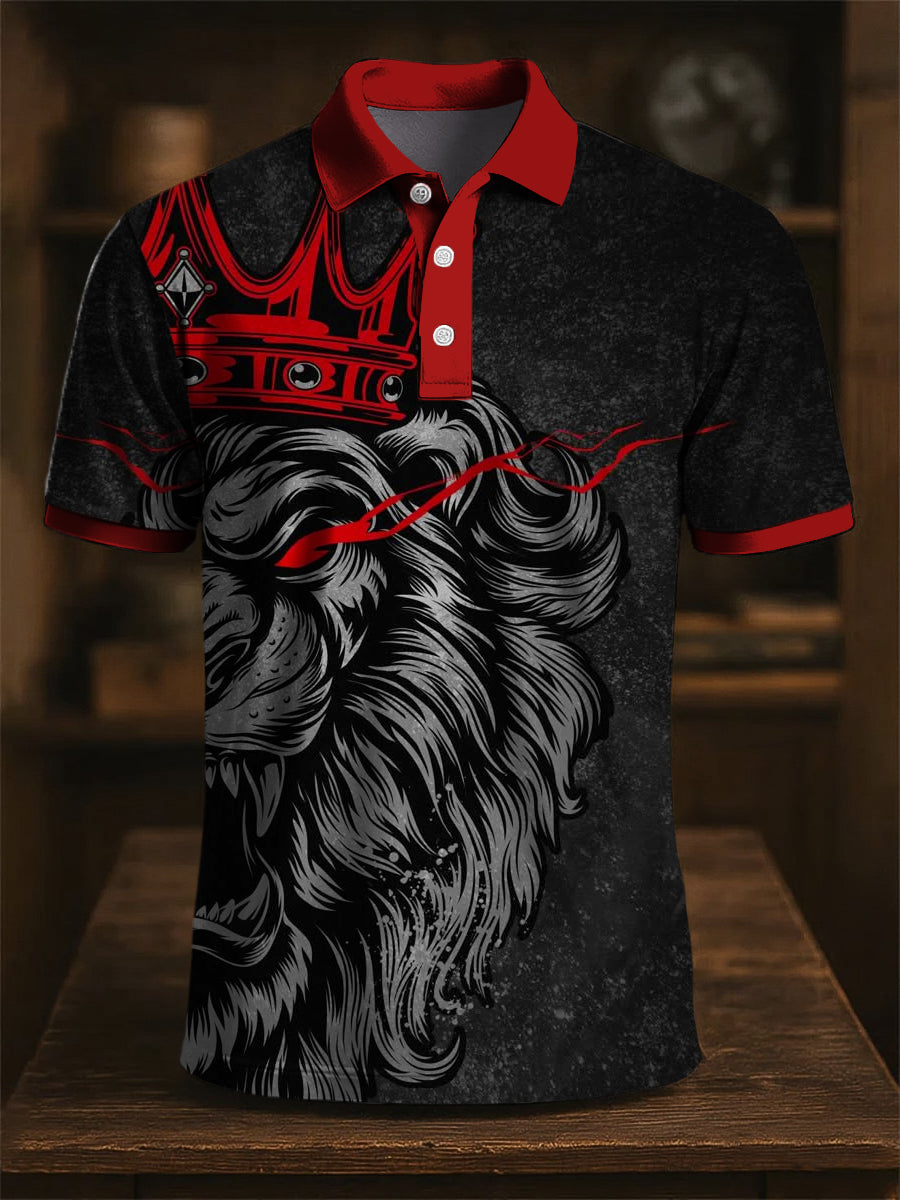 Vintage Art Abstract Lion Crown Print Casual Business Polo Shirt