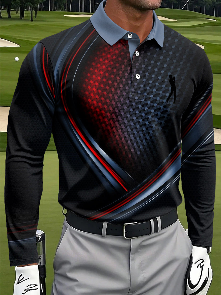 Men's Artistic Abstract Geometric Gradient Stripe Print Casual Business Long-Sleeve Polo Shirt