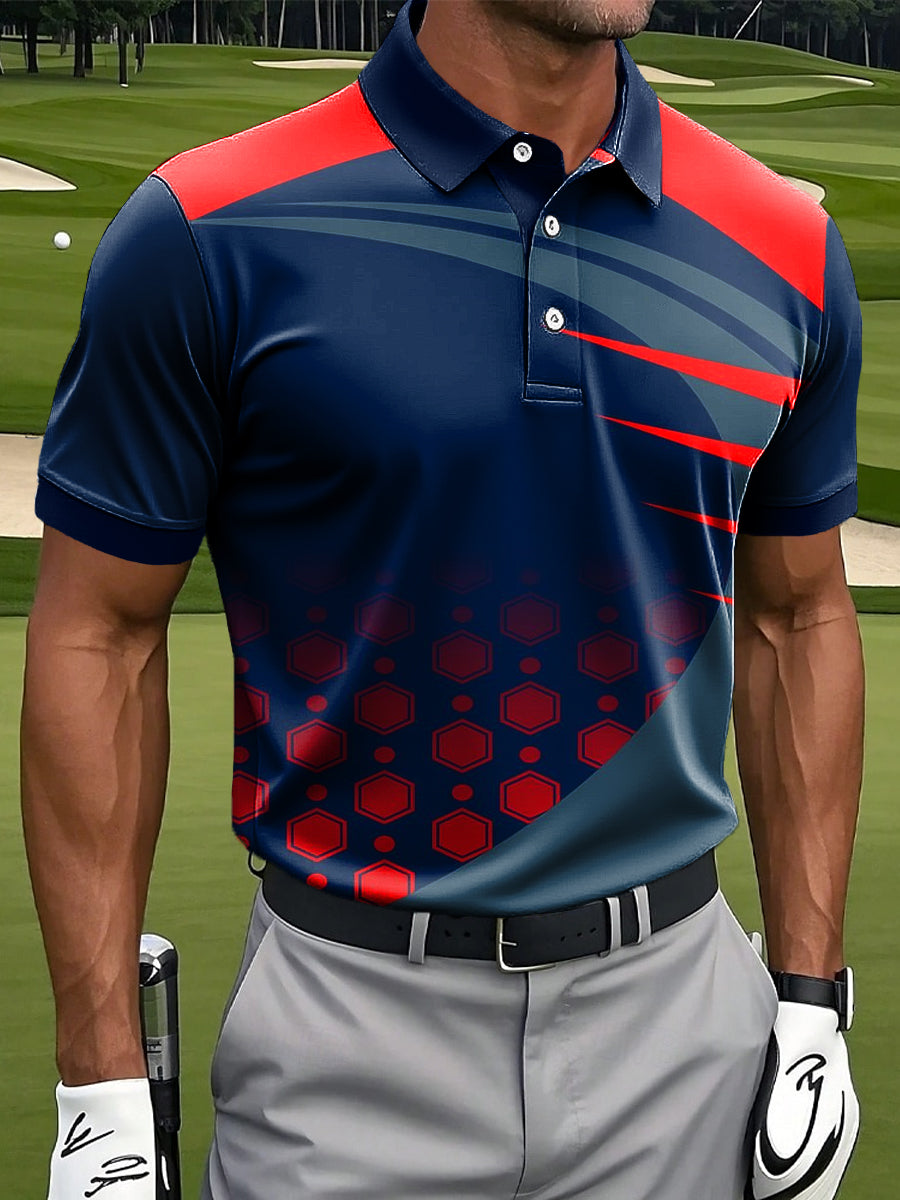 Men's Retro Geometric Color Block Art Print Casual Business Polo Shirt