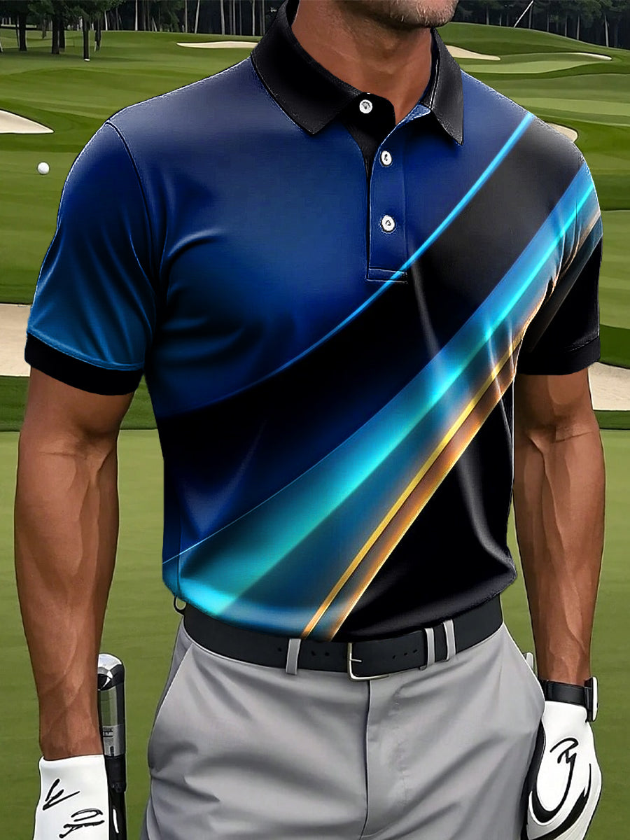 Men's Retro Gradient Color Block Stripe Print Casual Business Polo Shirt