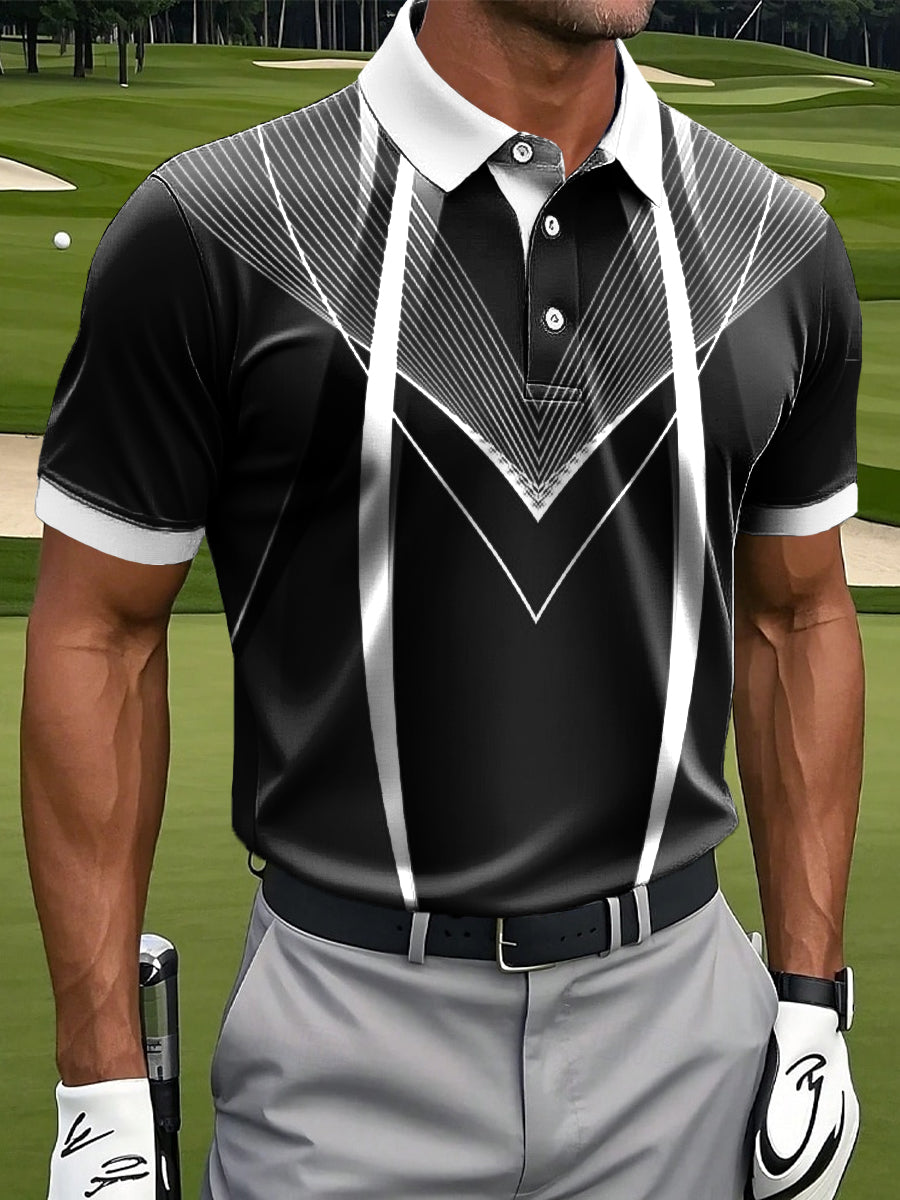 Men's Retro Irregular Line Art Print Casual Business Polo Shirt