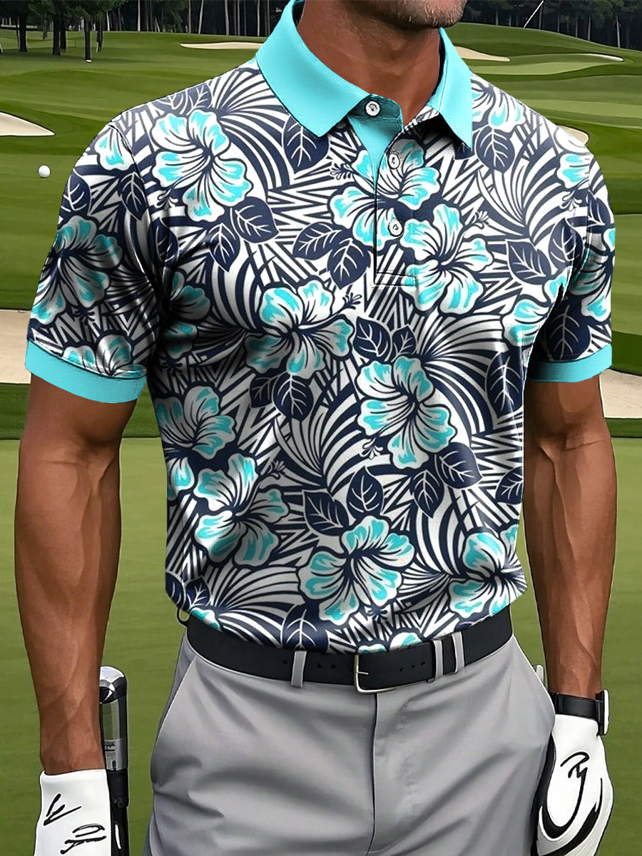 Men's Hawaiian Tropical Floral Art Print Casual Business Polo Shirt