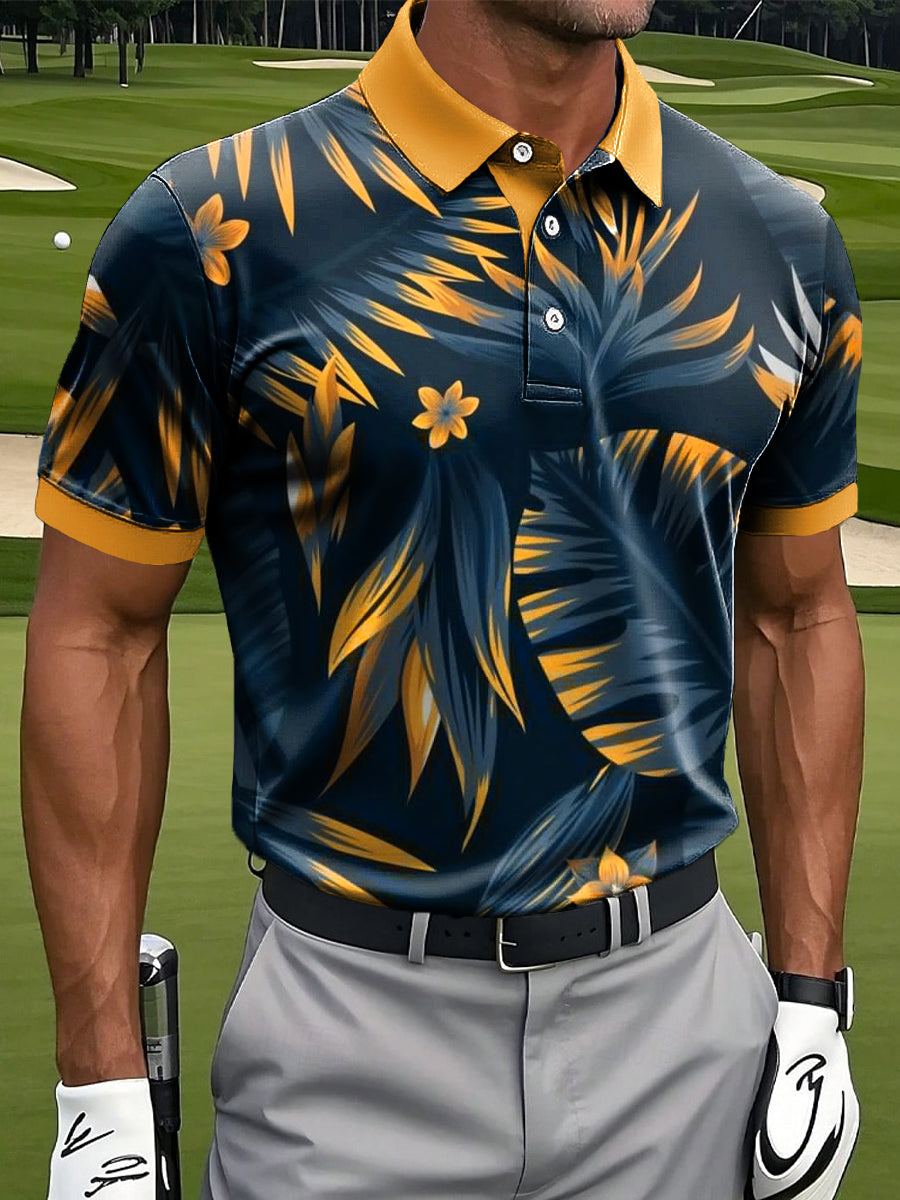 Men's Hawaiian Tropical Palm Leaf Art Print Casual Business Polo Shirt