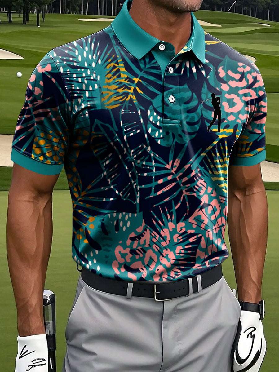 Men's Retro Hawaiian Colorful Leaf Art Print Casual Business Polo Shirt
