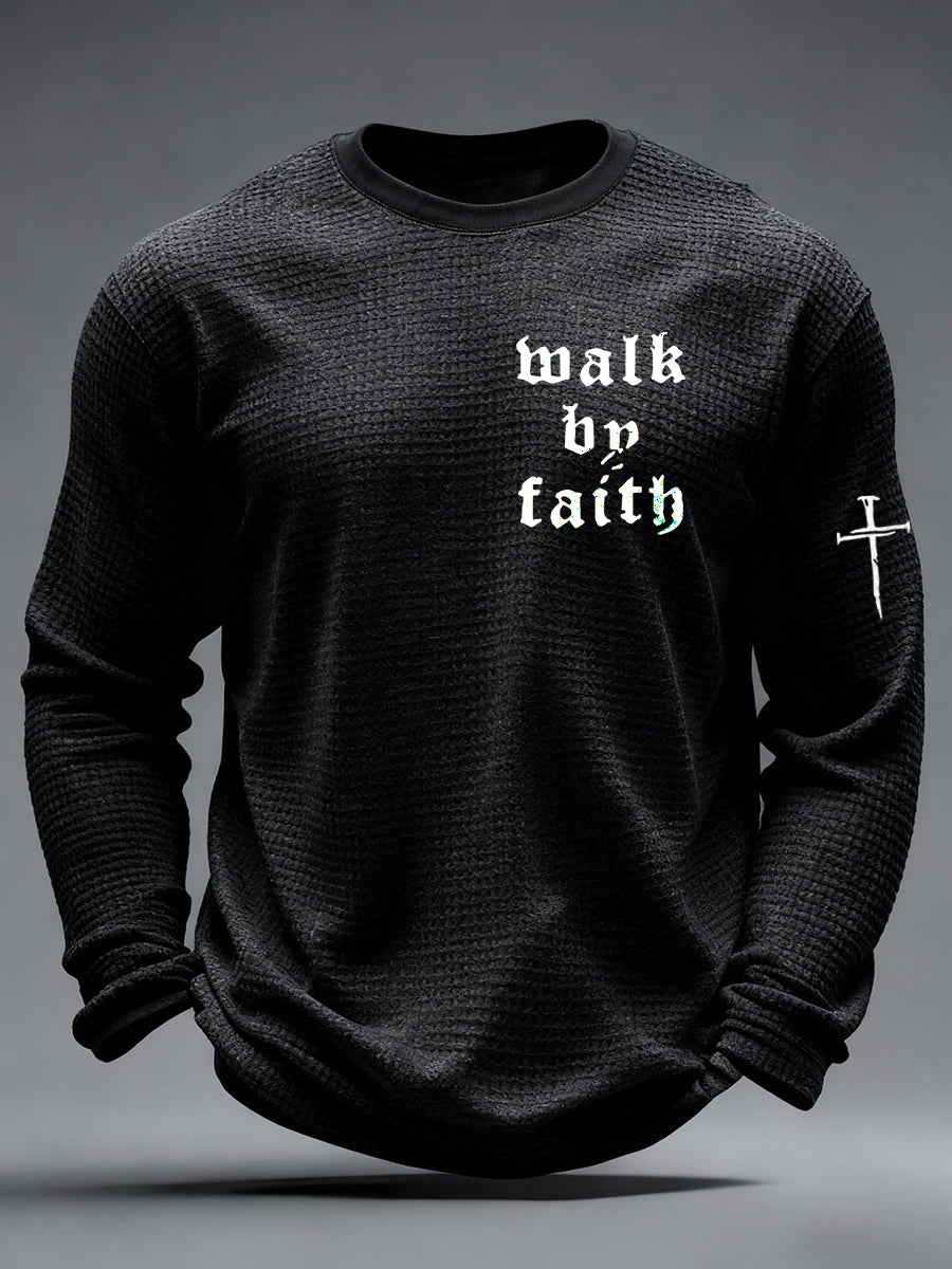 Men's Christian Walk By Faith Cross Print Waffle Long Sleeve T-Shirt