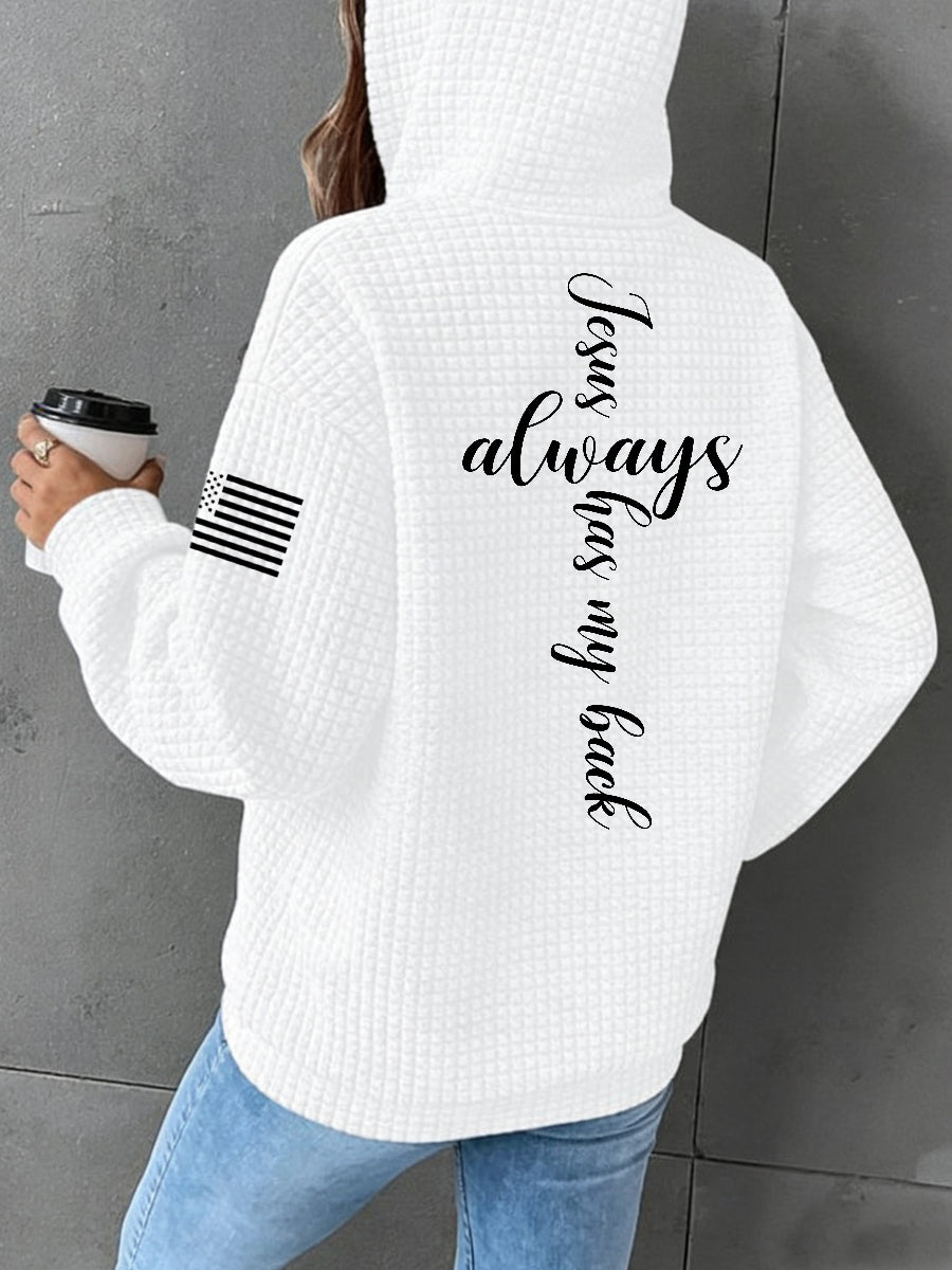 Women's Jesus Has My Back Cross Faith USA Flag Print Casual Waffle Hoodie