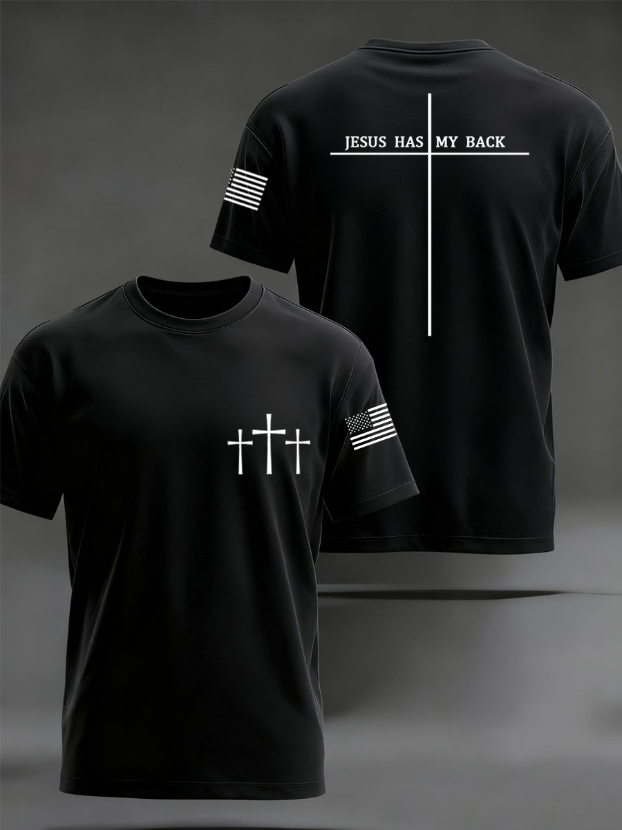 Men's Retro Jesus Has My Back Cross Faith USA Flag Print Casual Tee