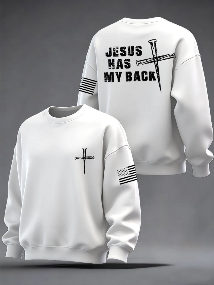 Men's Retro Jesus Has My Back Cross Faith USA Flag Print Casual Sweatshirt