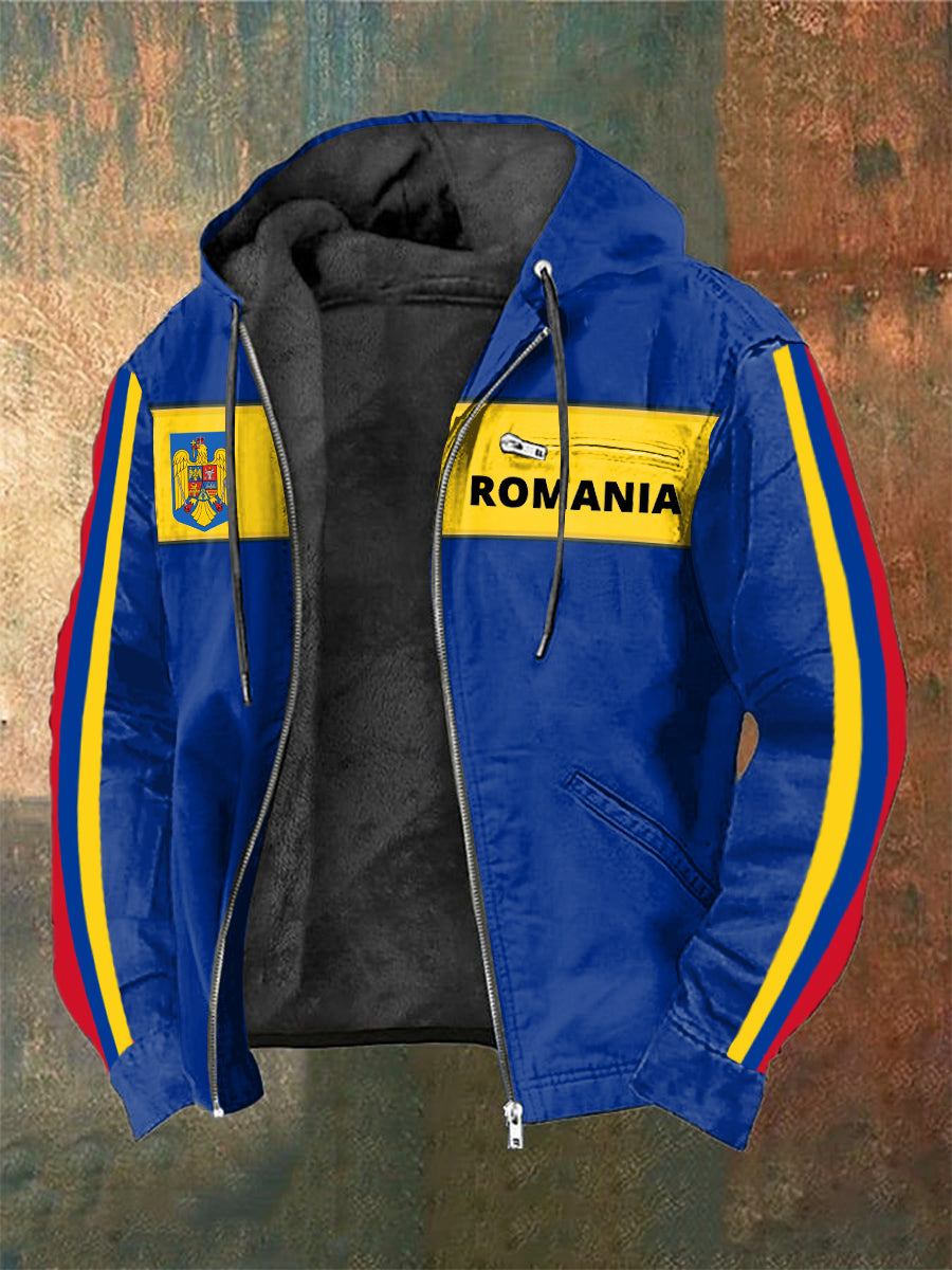 Men's Romanian Flag Printed Long Sleeved Hooded Jacket