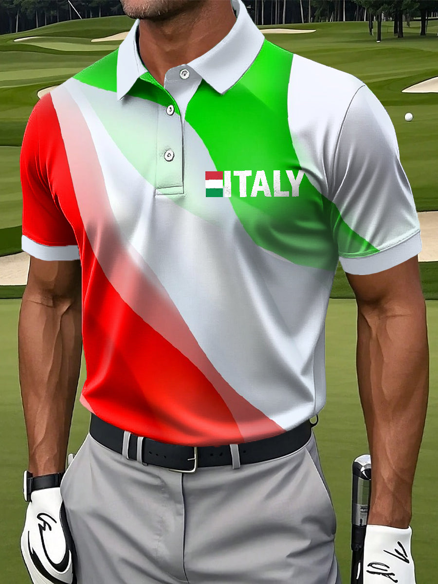 Retro Italian Print Casual Polo Shirt