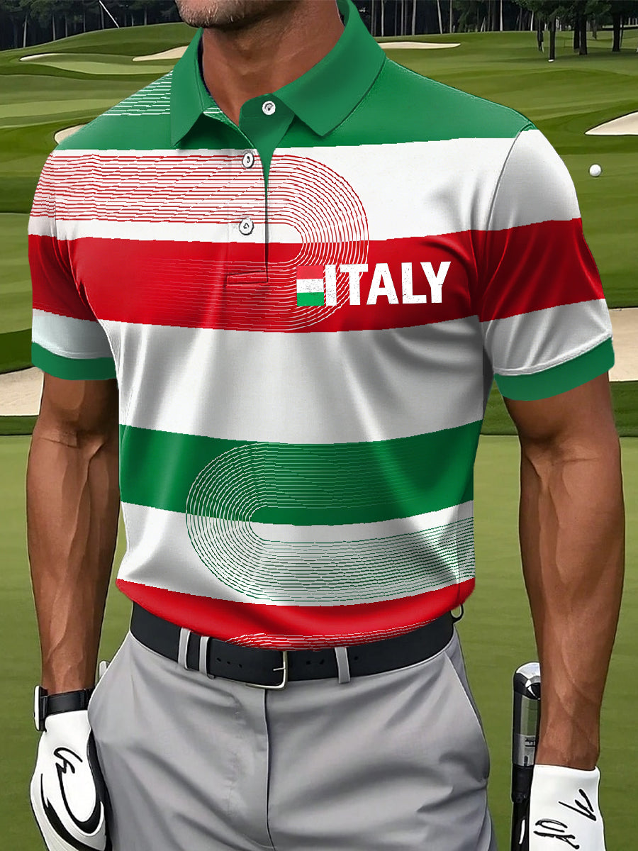 Retro Italian Print Casual Polo Shirt