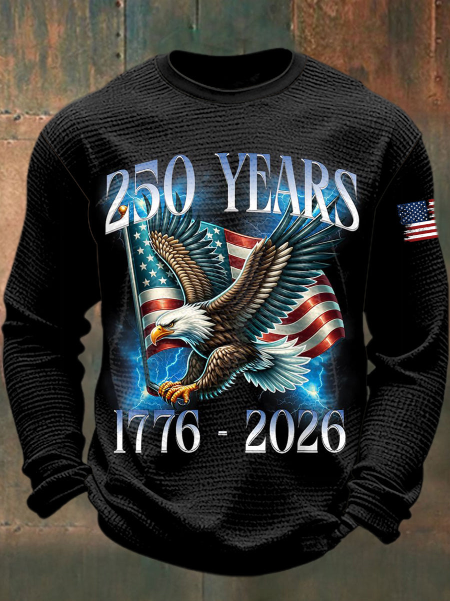 Men's 250th Anniversary of American Independence Printed Waffle Long Sleeved Round Neck Sweatshirt
