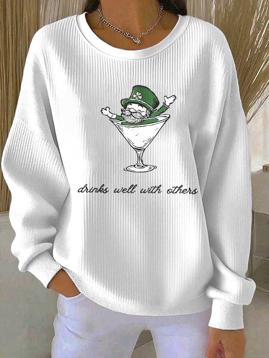 Women's Leprechaun Martini Cocktail St Patrick's Day Ribbed Round-Neck Sweatshirt
