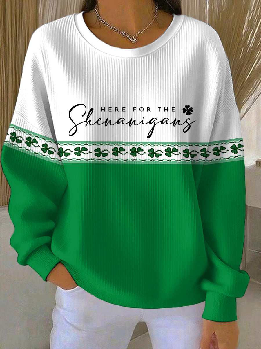 Women's Funny St Patrick's Day Here For The Shenanigans Shamrocks Print Casual Sweatshirt