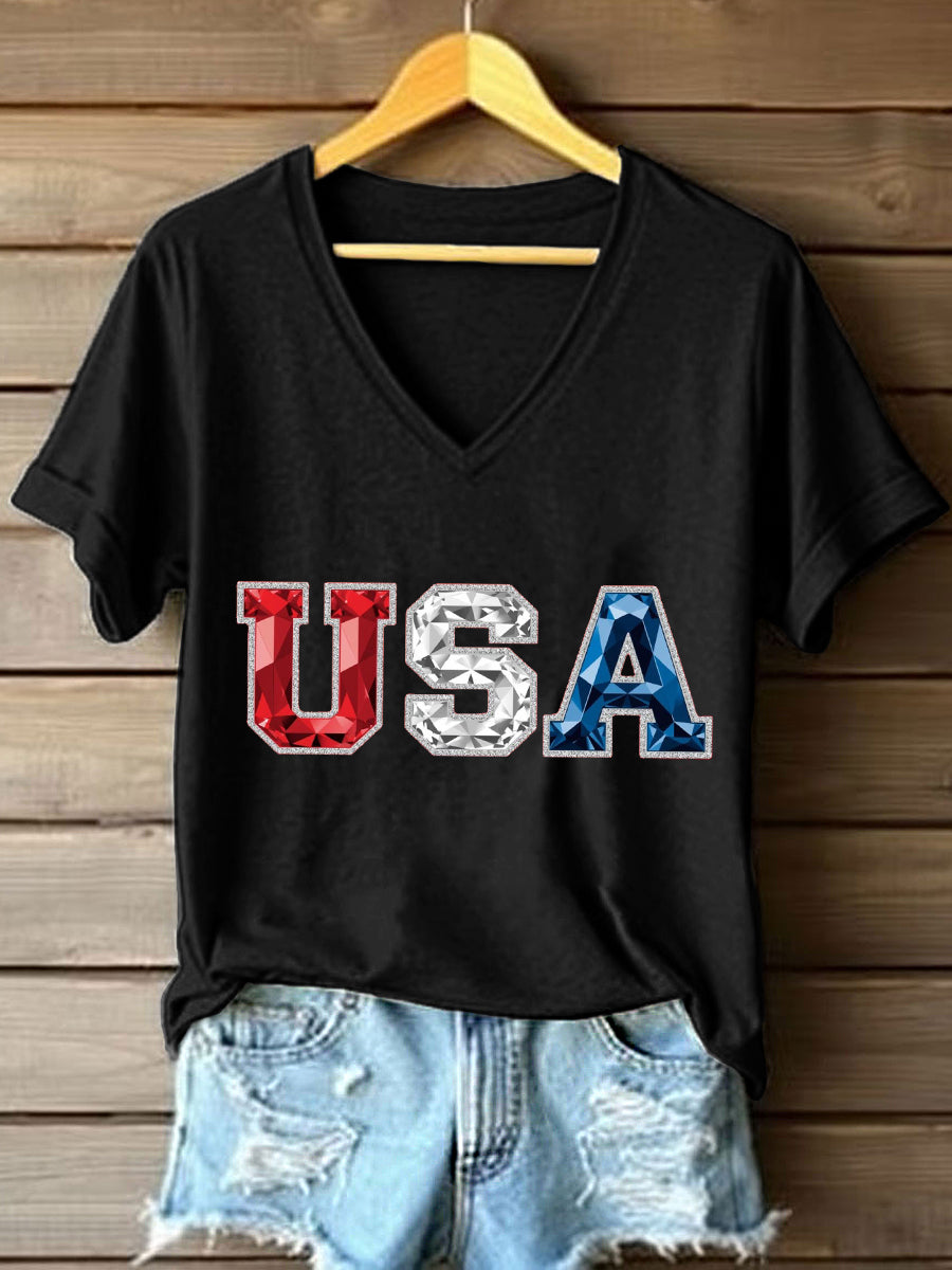 Women's USA Rhinestone Pattern V-Neck T-Shirt