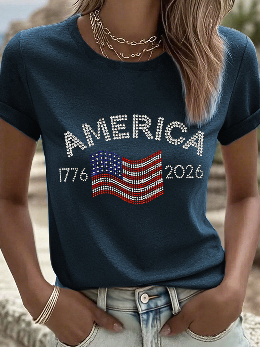 Women's American 1776-2026 Rhinestone Pattern T-Shirt