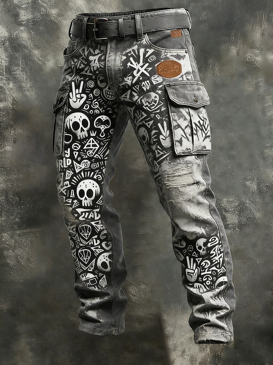 Men's Business-Style Skuu Print Retro Art Casual Workwear Trousers