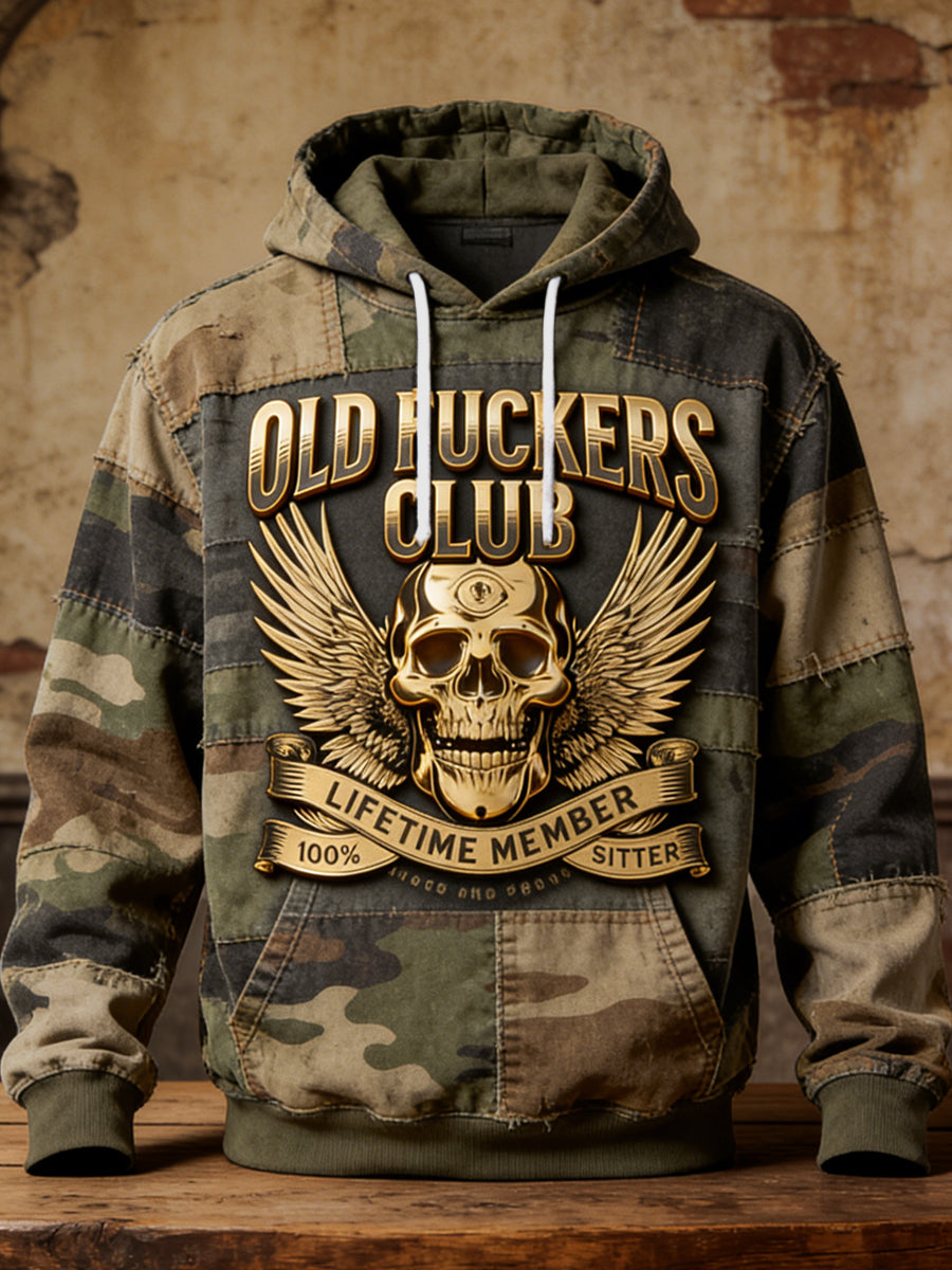Retro Old Fuckers Club Skull Camo Casual Hoodie