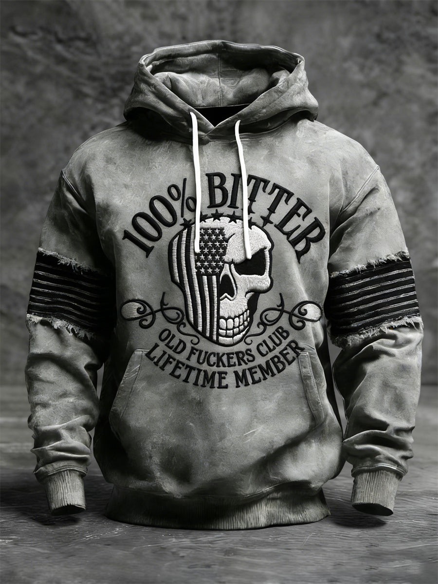 Retro Old Fuckers Club Skull Flag Patchwork Casual Hoodie