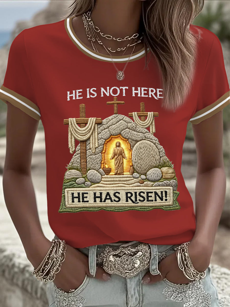 Women's He Is Not Here He Has Risen! Jesus Christian Cross Print Casual Tee
