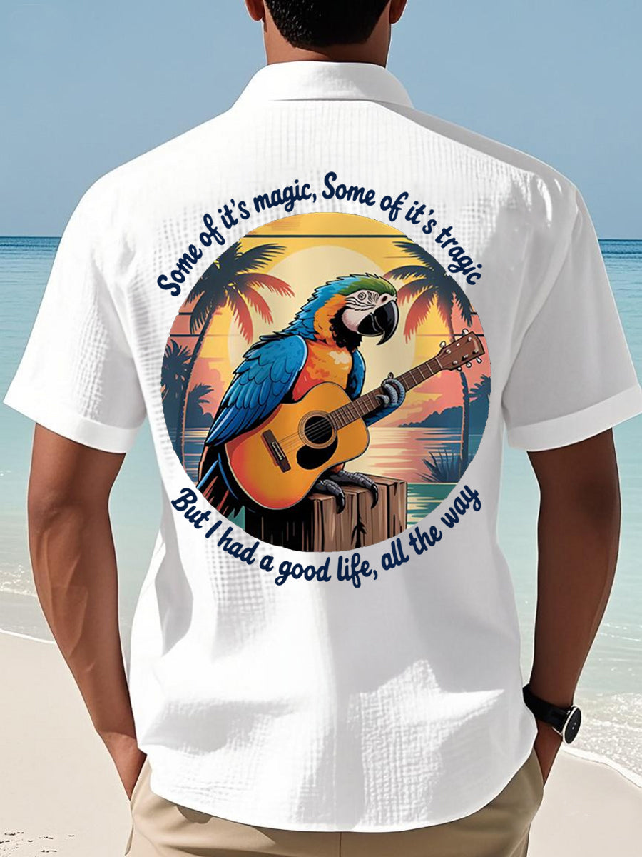 Men's Some Of It’s Magic Some of It’s Tragic, But I Had A Good Life,All The Way Parrot Guitar Print Casual Waffle Short-Sleeve Shirt