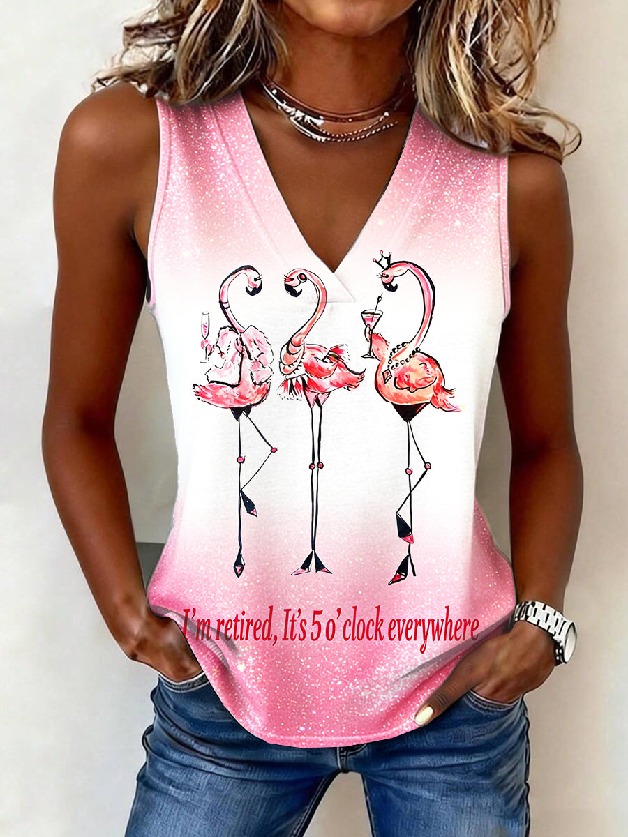 Women's Pink Flamingo Day Gradient Print Casual V-neck Vest