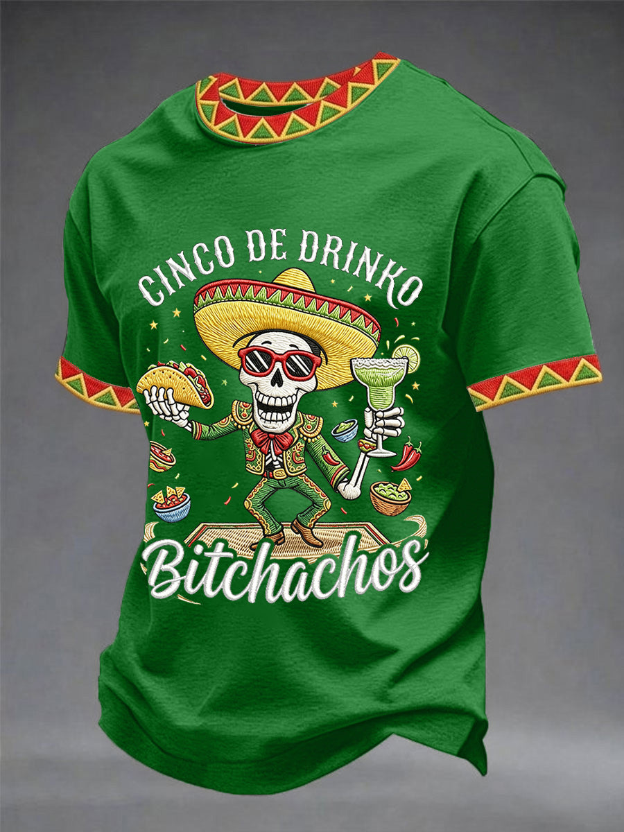 Men's Funny Cinco De Drinko Bitchachos Skull Print Tee