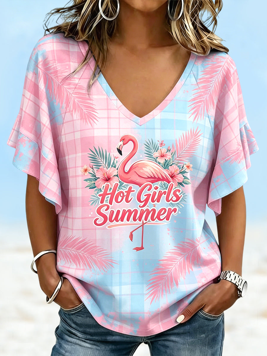 Women's Hot Girls Summer Hawaiian Flamingo V-Neck T-Shirt