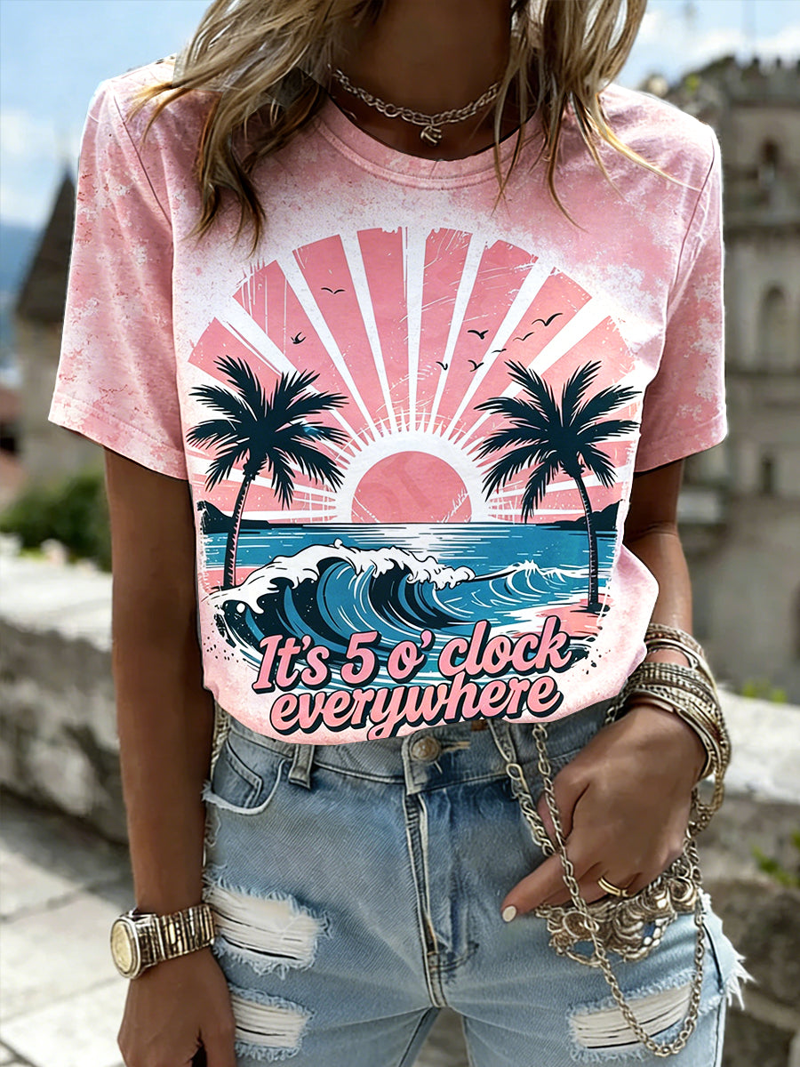 Women's Pink Holiday-Style “It's 5 o'clock” Summer Print Casual T-shirt