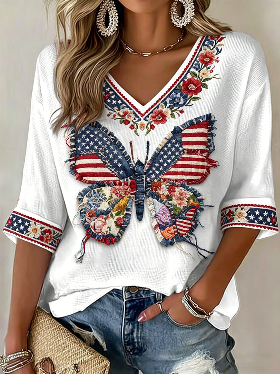 Women's V-neck Mid-Sleeve Independence Day Printed Casual T-shirt