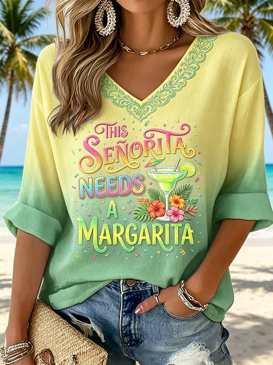 Women's V-neck Mid-Sleeve Margrita Printed Casual T-shirt