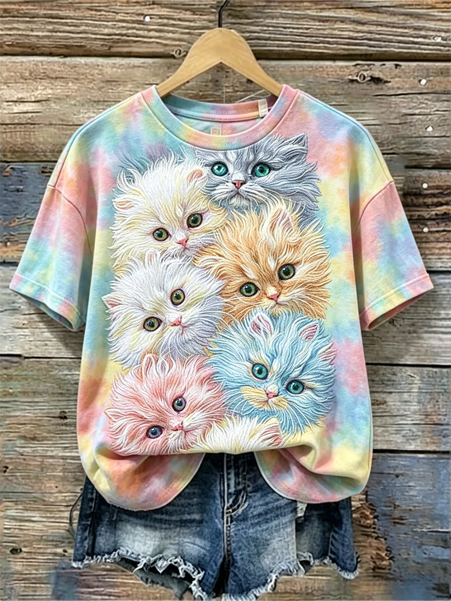 Women's Fuzzy Cats Print Colorful Tie Dye short-sleeved T-shirt