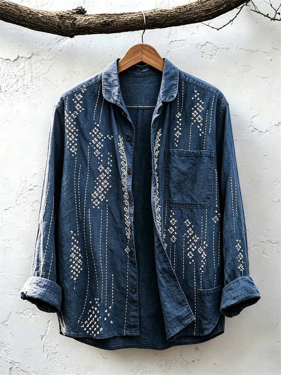 Vintage Japanese Sashiko Art Print Linen Shirt