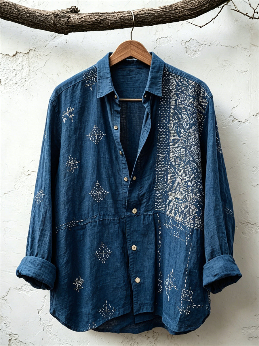 Vintage Japanese Geometric Sashiko Art Print Linen Shirt