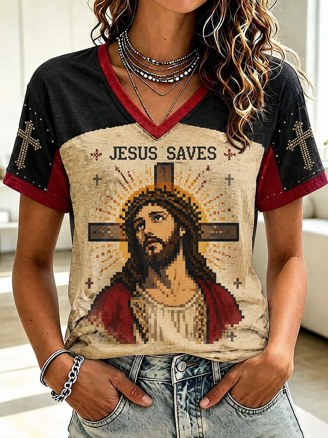 Women's Faith Jesus Printed V-neck T-shirt