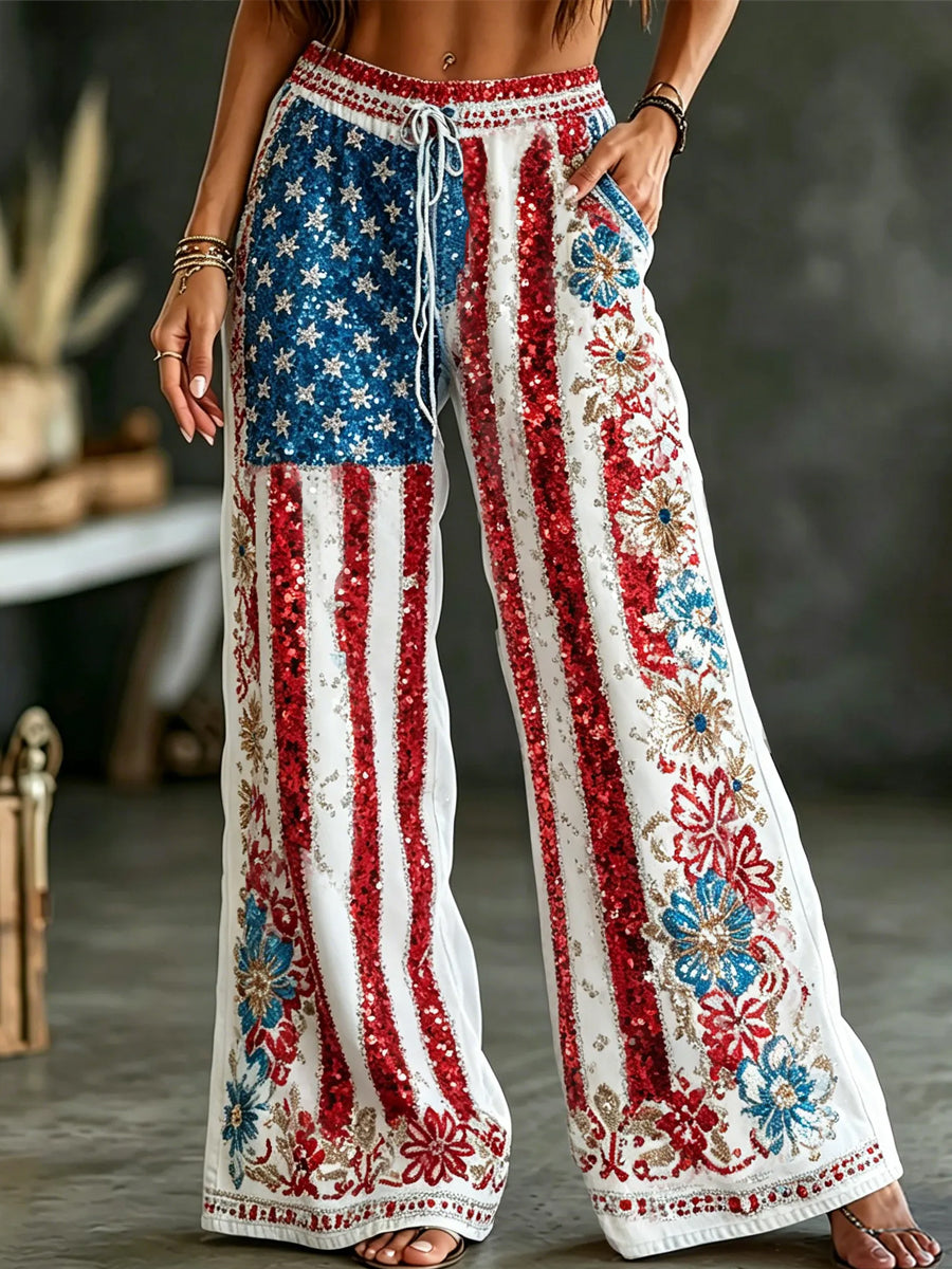 Women's Vintage American Flag And Floral Art Casual Pants