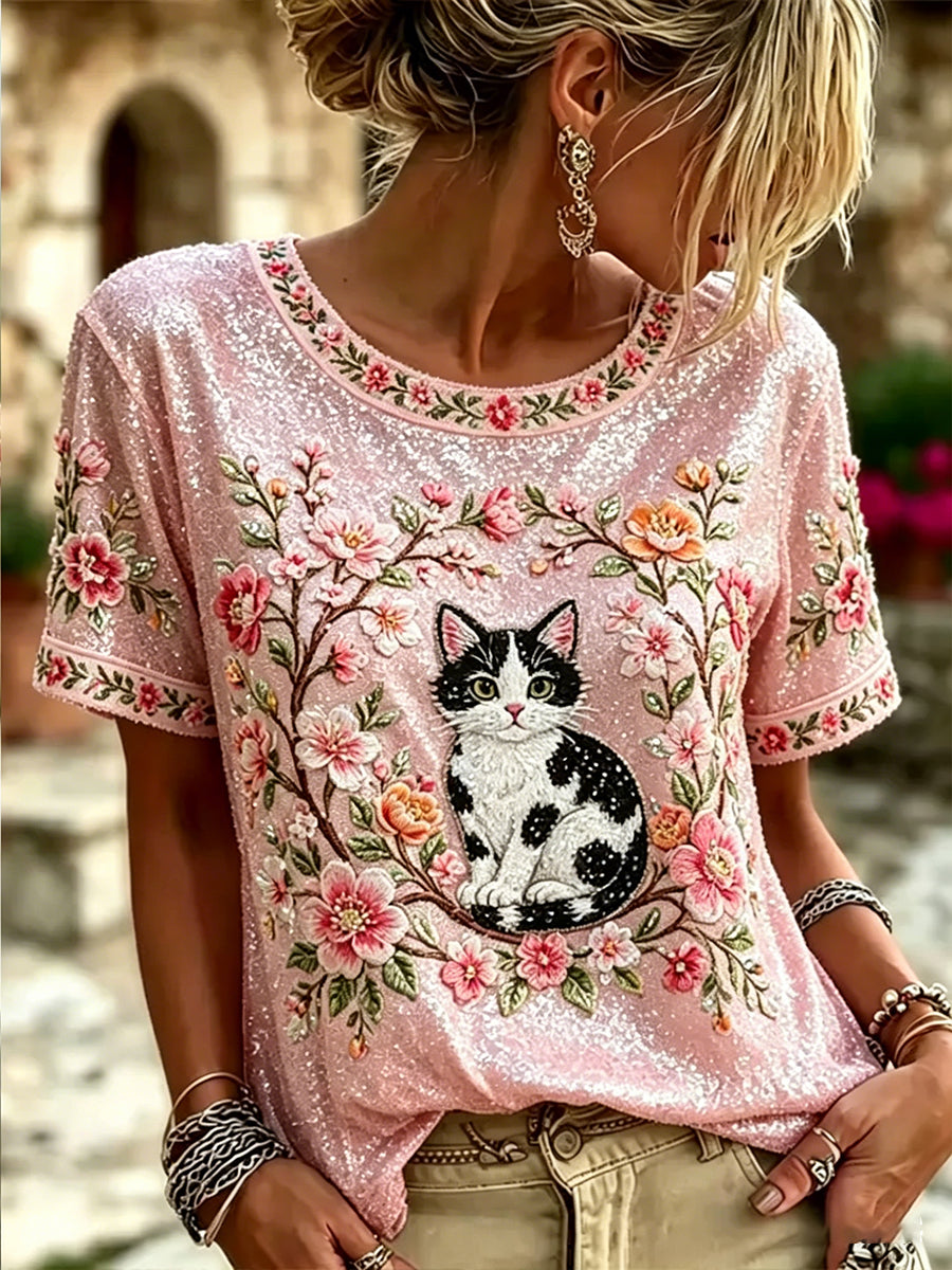 Women's Flowers and Cats Linen Short-sleeved Top