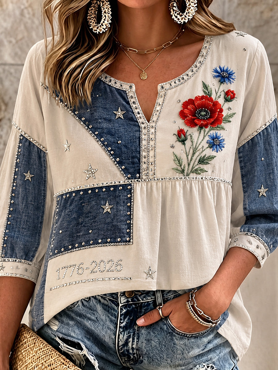 Women's Retro Embroidered Floral Art Print Casual Cotton Linen Comfortable Top