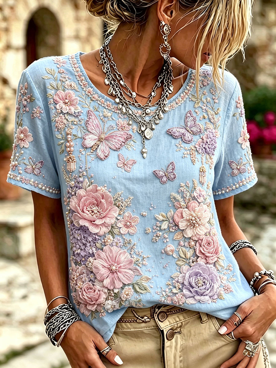 Women's Butterfly Floral Print T-Shirts