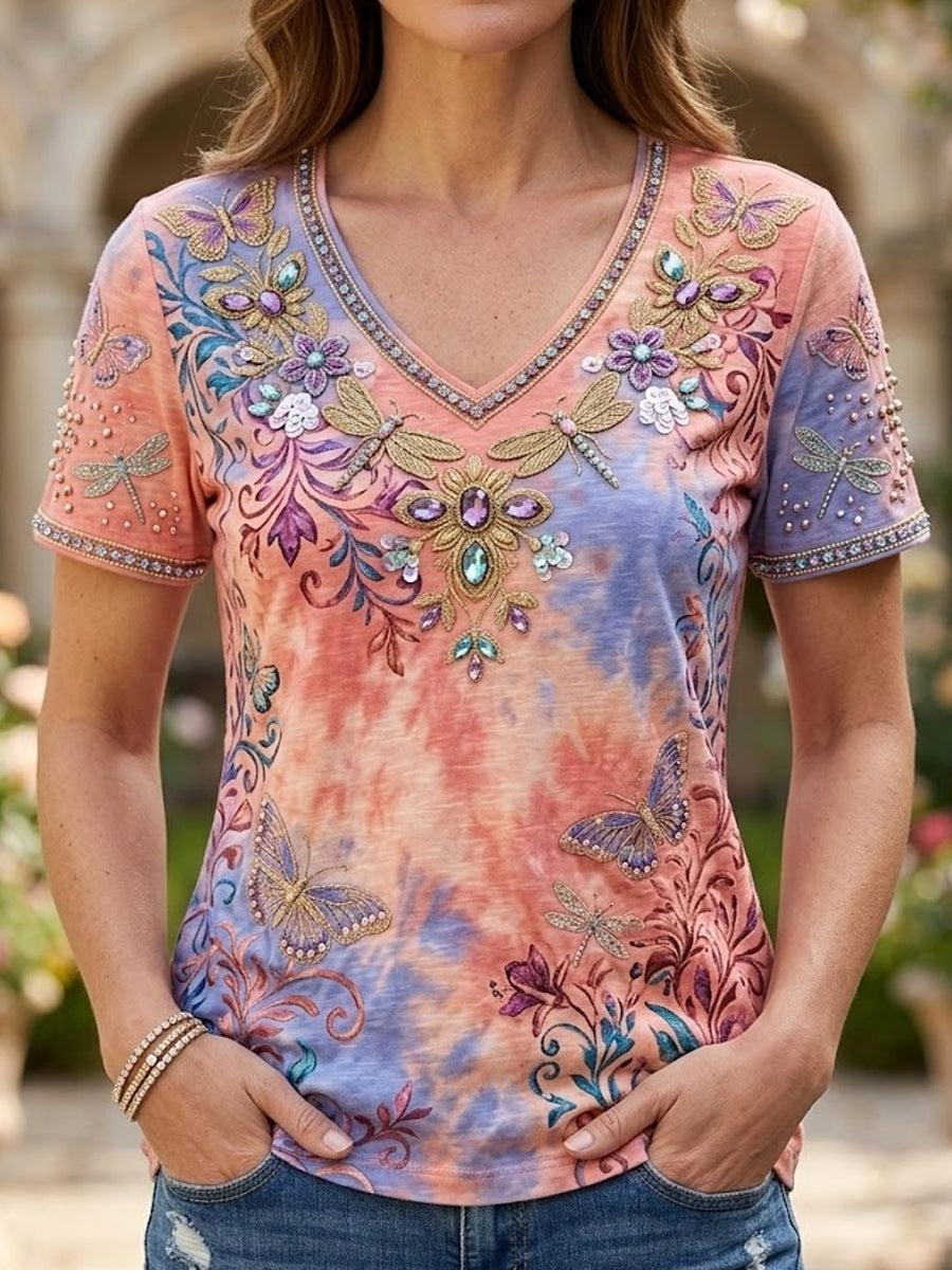 Women's Retro Butterfly, Dragonfly, and Floral Art Casual V-Neck T-Shirt