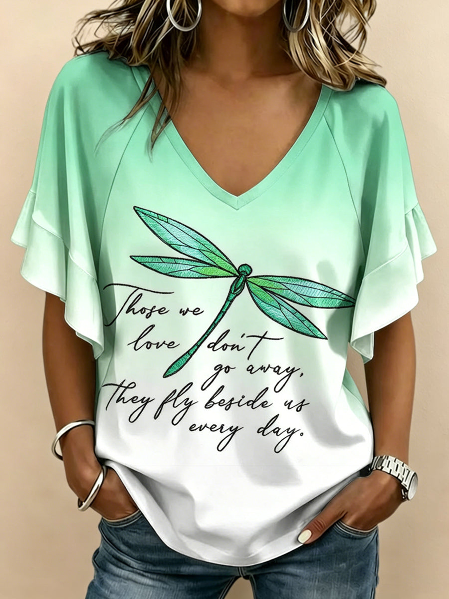 Women's Dragonfly Printed V-neck Ruffle Sleeve T-shirt