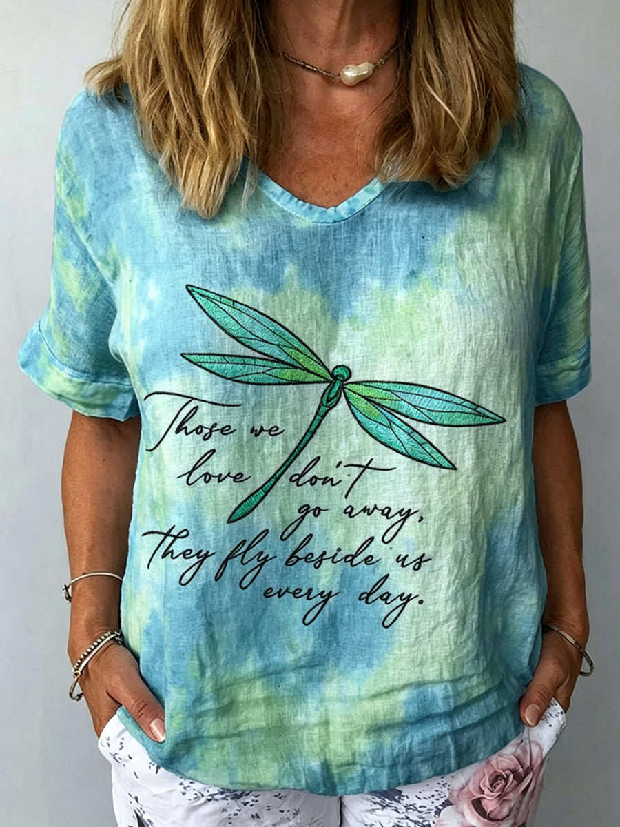 Woman's Dragonfly Printed V-neck Short Sleeved Cotton And Linen T-shirt
