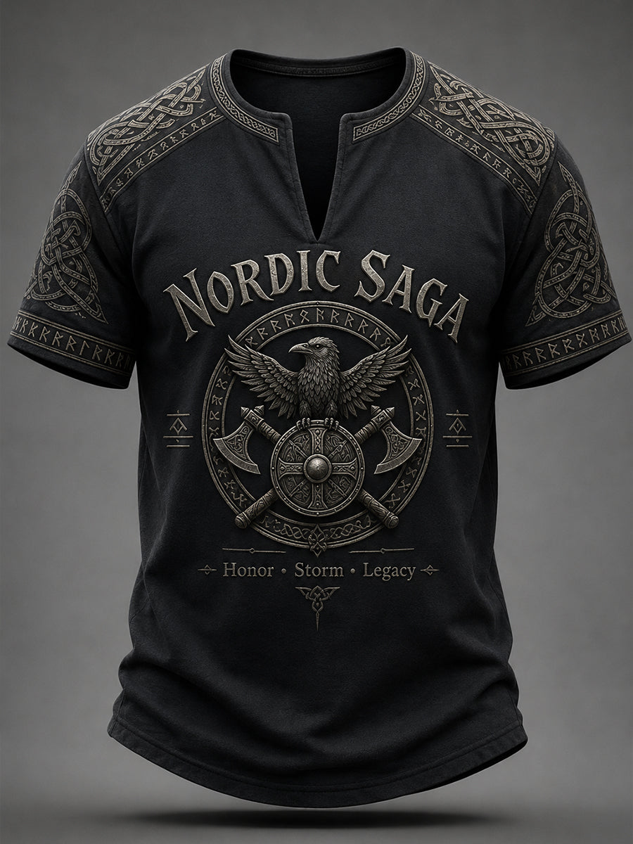 Men's Retro Viking Element Print Casual V-Neck Top
