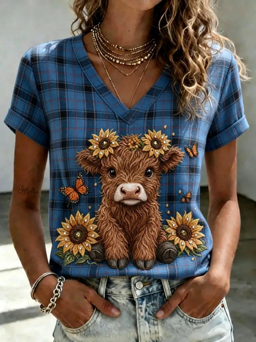 Women's Highland Denim Plaid Print T-shirt