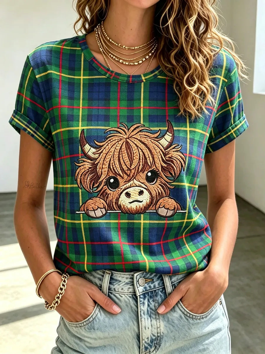 Women's Highland Denim Plaid Print T-shirt