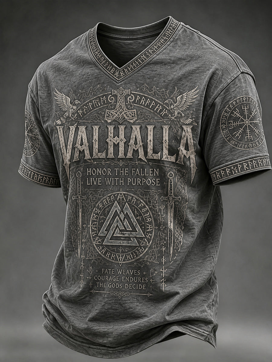 Men's Retro Viking Element Print Casual V-Neck Top