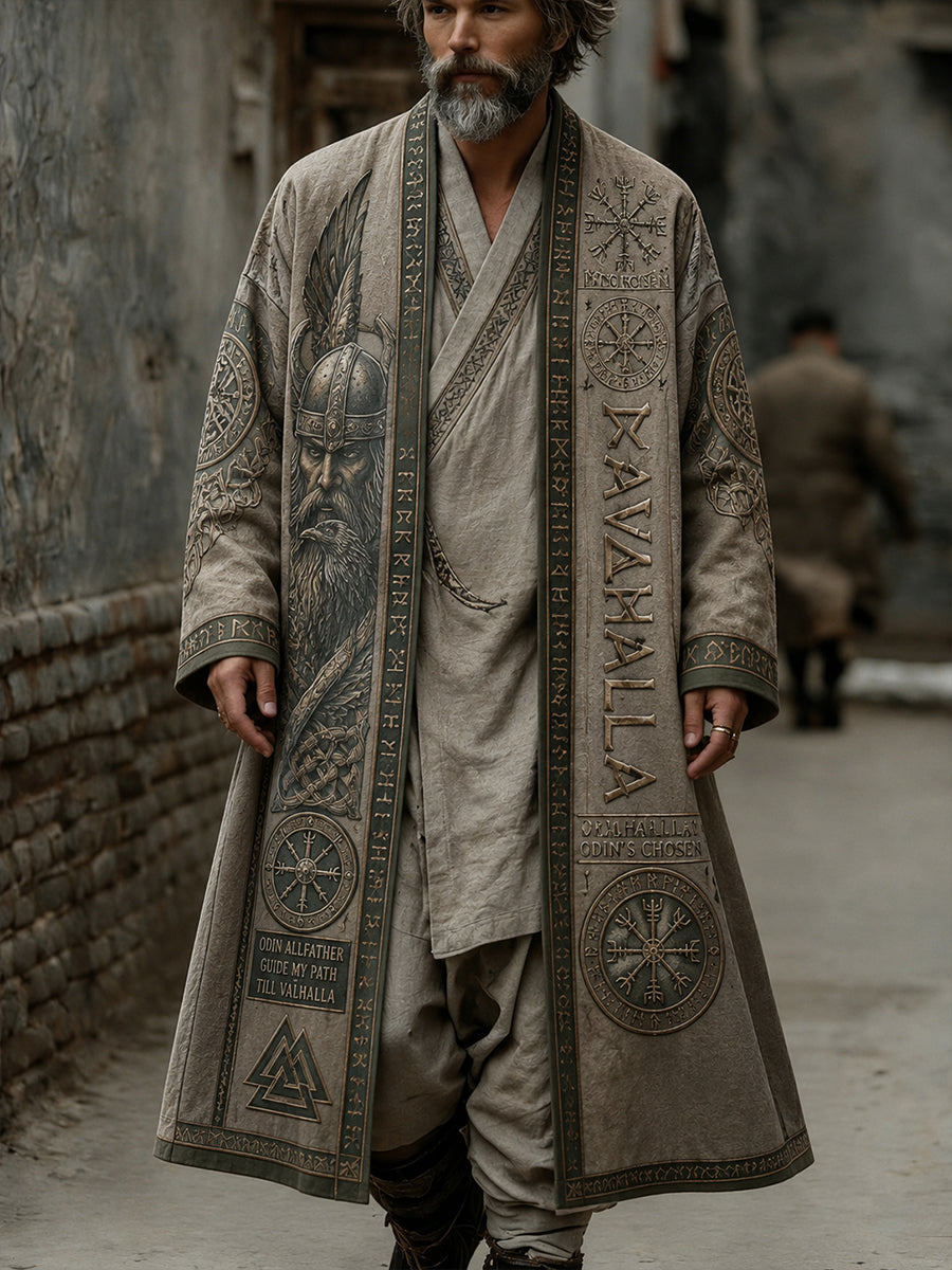 Men's Retro Viking Print Casual Long Trench Coat